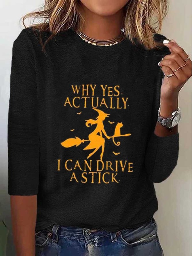 Witch Casual Loose Halloween H-Line Long Sleeve Jersey Crew Neck T-Shirt