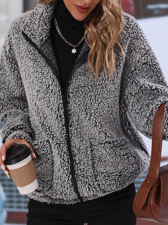 Loose Stand Collar Casual Teddy Jacket