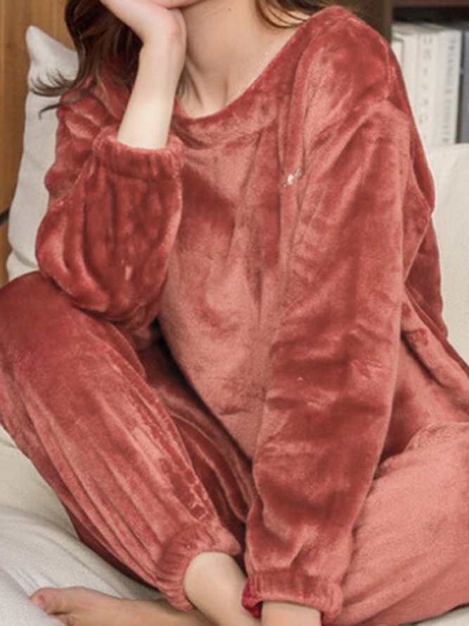 Warm Coral Fleece Pajama Set Long Sleeve Pants Loungewear Plus Size