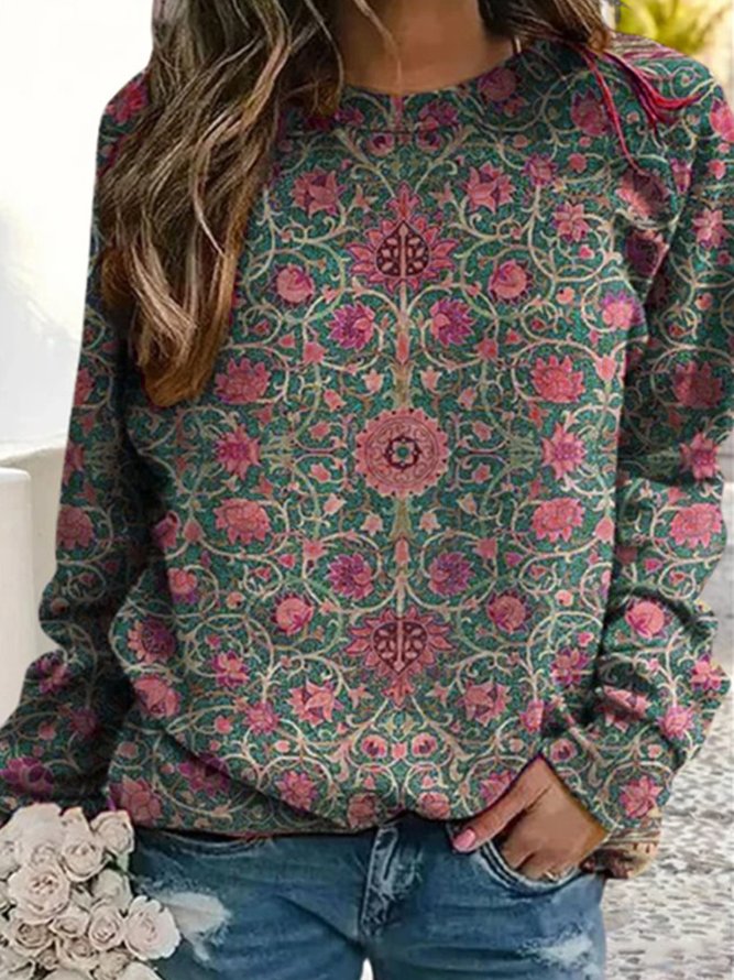 Casual Long Sleeve Crew Neck Ethnic Loose Sweatshirt