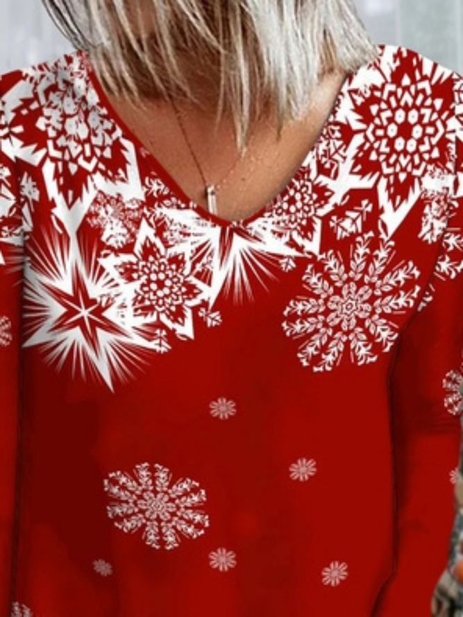 Christmas Snowflake Long Sleeve V Neck Casual T-Shirt Xmas T-shirt