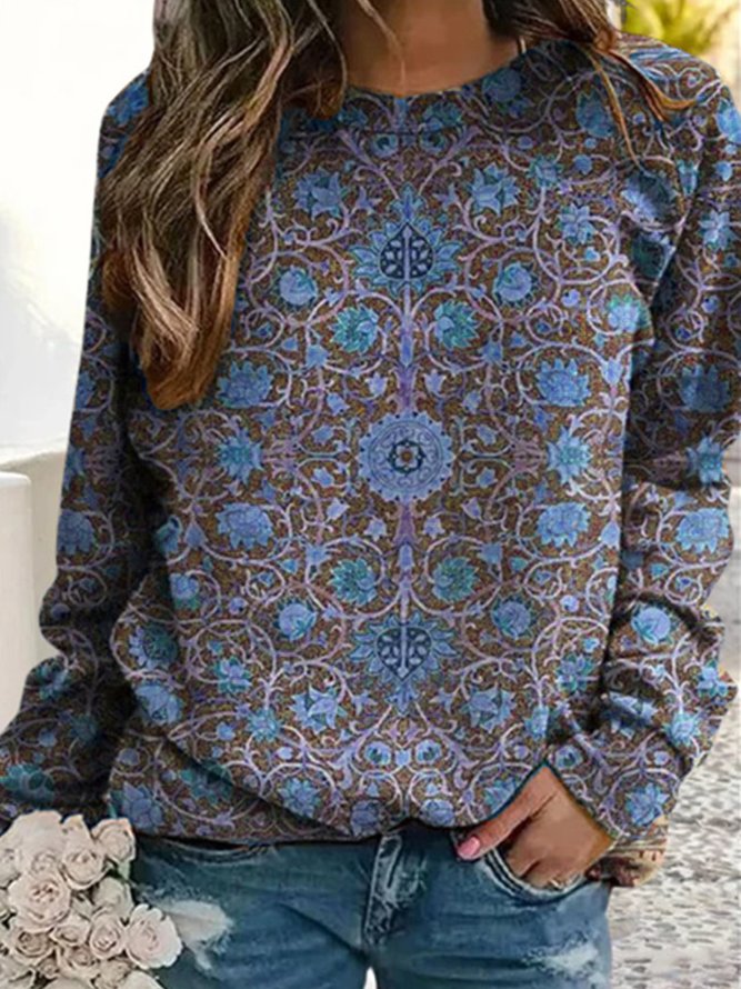 Casual Long Sleeve Crew Neck Ethnic Loose Sweatshirt