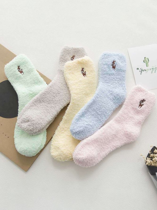 Casual Solid Color Cat Embroidered Pattern Cotton Coral Fleece Socks Home Daily Commute Accessories