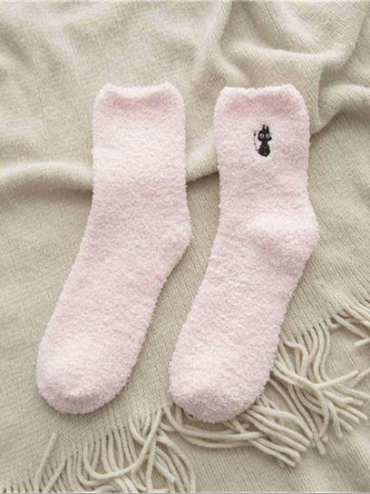 Casual Solid Color Cat Embroidered Pattern Cotton Coral Fleece Socks Home Daily Commute Accessories
