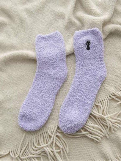 Casual Solid Color Cat Embroidered Pattern Cotton Coral Fleece Socks Home Daily Commute Accessories