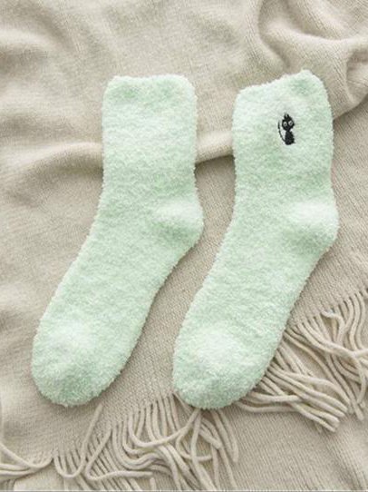 Casual Solid Color Cat Embroidered Pattern Cotton Coral Fleece Socks Home Daily Commute Accessories