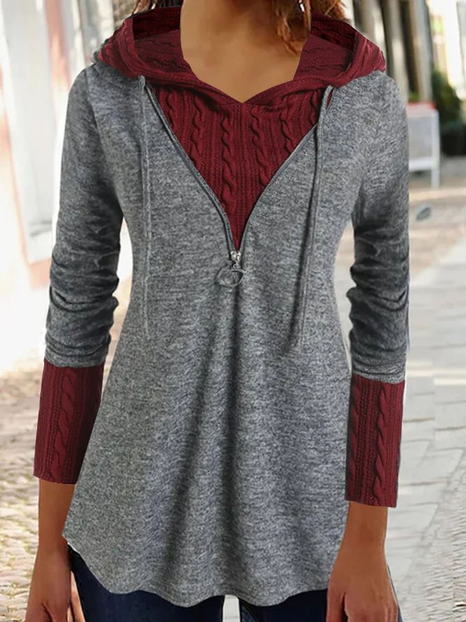 Plain Hooded Drawstring Cable Knit Mixed Media Sweatshirt
