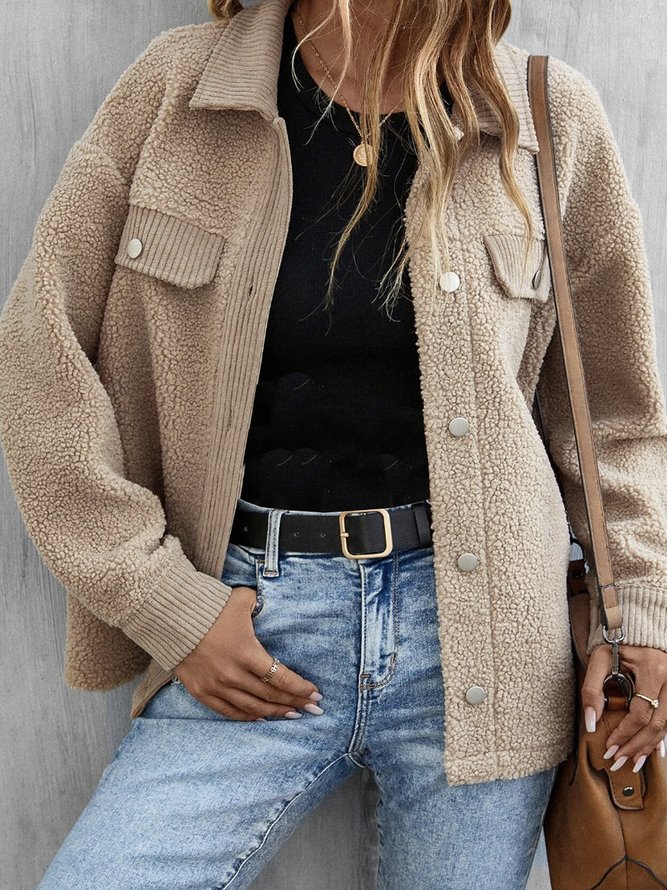 Plain Fluff/Granular Fleece Fabric Shawl Collar Casual Teddy Jacket