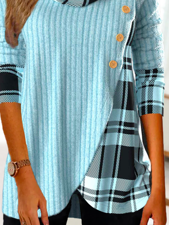 Loose Casual Asymmetrical Design Checkered Pattern Long Sleeve Plaid Top