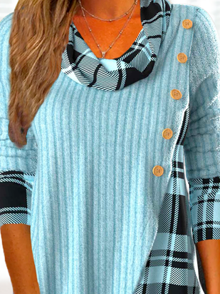 Loose Casual Asymmetrical Design Checkered Pattern Long Sleeve Plaid Top