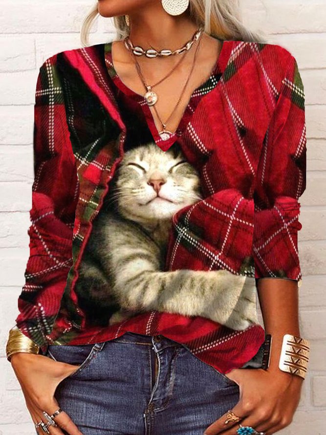 Casual Christmas Plaid Cat Long sleeve V Neck T-Shirt Xmas T-shirt