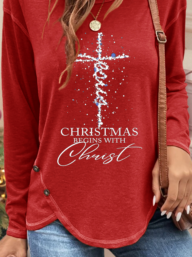 Christmas Text Print Daily Jersey Tunic Loose Casual Crew Neck H-Line Xmas Long Sleeve T-shirt