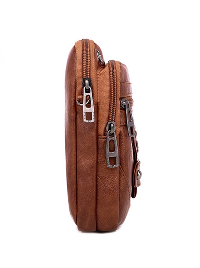 Antique Soft Leather Zip Multi Pocket One Shoulder Crossbody Bag
