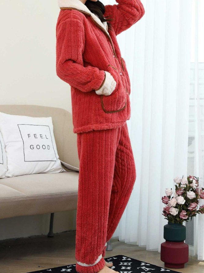 Colorblock Lapel Coral Fleece Home Warm Loose  Pajama Set