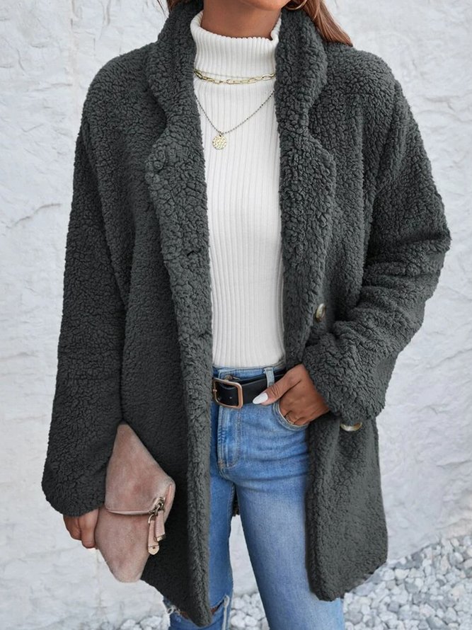 Long Sleeve  Lapel Collar Casual Plain Teddy Jacket