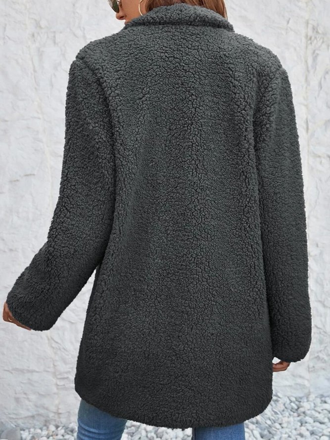 Long Sleeve  Lapel Collar Casual Plain Teddy Jacket