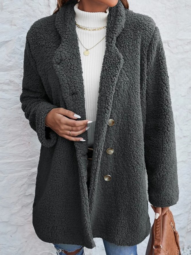 Long Sleeve  Lapel Collar Casual Plain Teddy Jacket