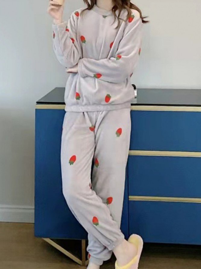 Strawberry Print Long Sleeve Pants Casual Loungewear Two Piece