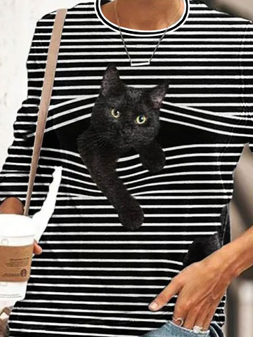 Women's Cat Print Top Crew Neck Cotton-blend Striped Cartoon Casual Outdoor Hoodies