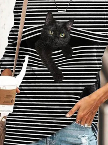 Women's Cat Print Top Crew Neck Cotton-blend Striped Cartoon Casual Outdoor Hoodies