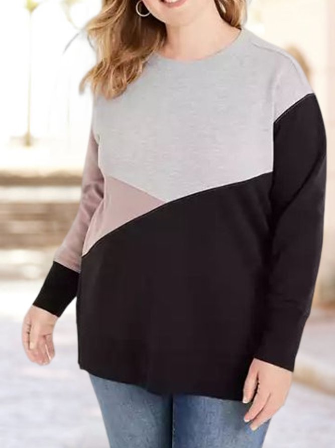 Plus Size Regular Fit Color Block Crew Neck Casual Long Sleeve Top