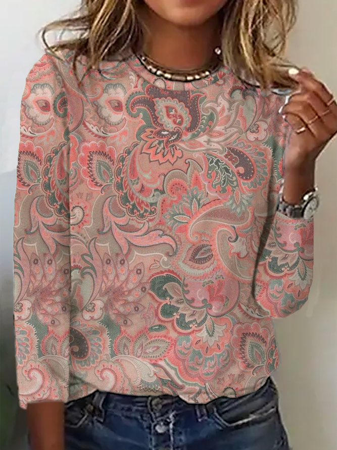 Vintage Paisley Printed Crew Neck Long Sleeve Casual Loose T-Shirt