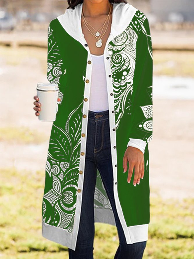 Paisley Hoodie Long Sleeve Buttoned Casual Coat