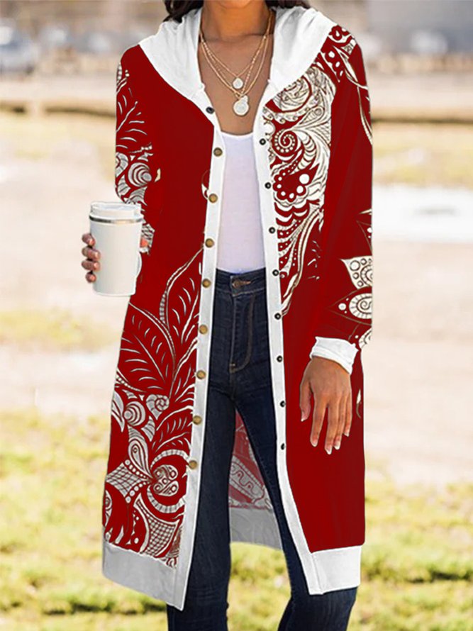 Paisley Hoodie Long Sleeve Buttoned Casual Coat