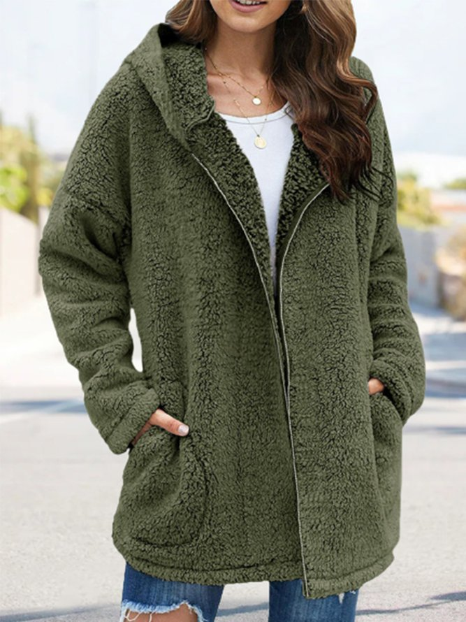 Plus Size Plain Long Sleeve Hoodie Pockets Casual Plush Coat