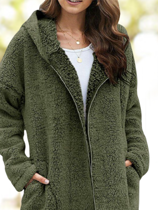 Plus Size Plain Long Sleeve Hoodie Pockets Casual Plush Coat