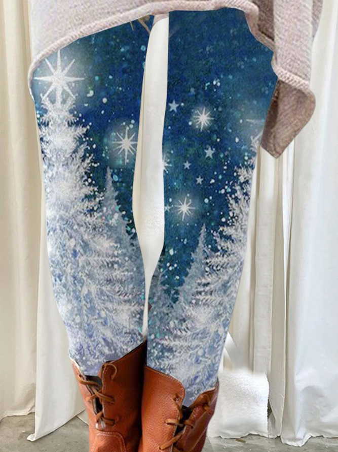 Plus Size Casual Christmas Snowflake Printed Legging Xmas Leggings