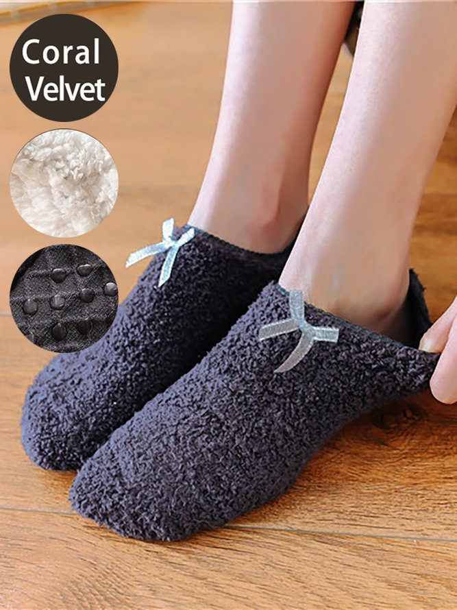 Casual Home Bow Decorative Coral Fleece Floor Socks