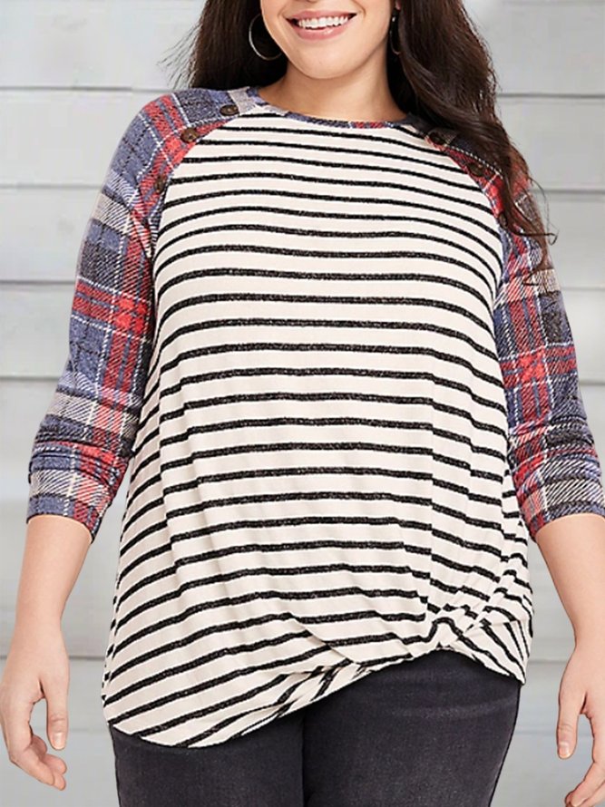 Plus Size Split Joint Loose Striped Casual T-Shirt
