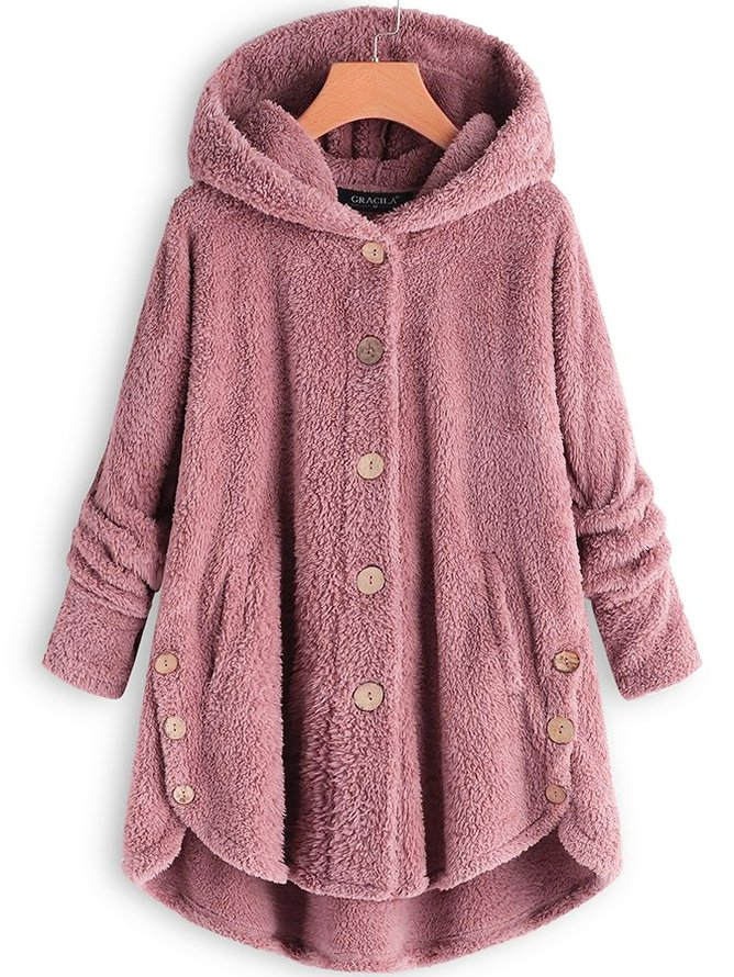 zolucky Cozy Fleece Hooded Sherpa Coat Symmetrical Button Teddy Bear Coat