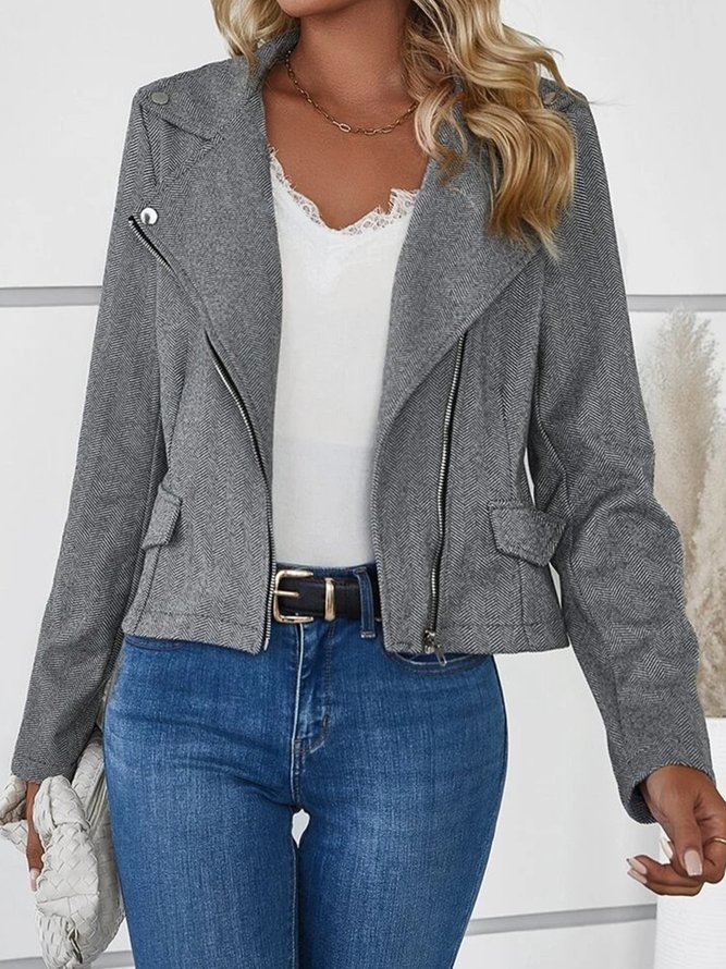 Plain Long Sleeve Buckle Zipper Casual Jacket