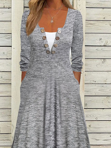 Buckle Square Neck Color-block Casual Dress
