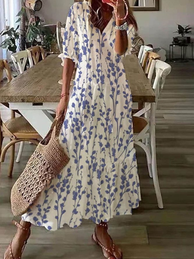 V Neck Loose Blue Floral Casual Dress