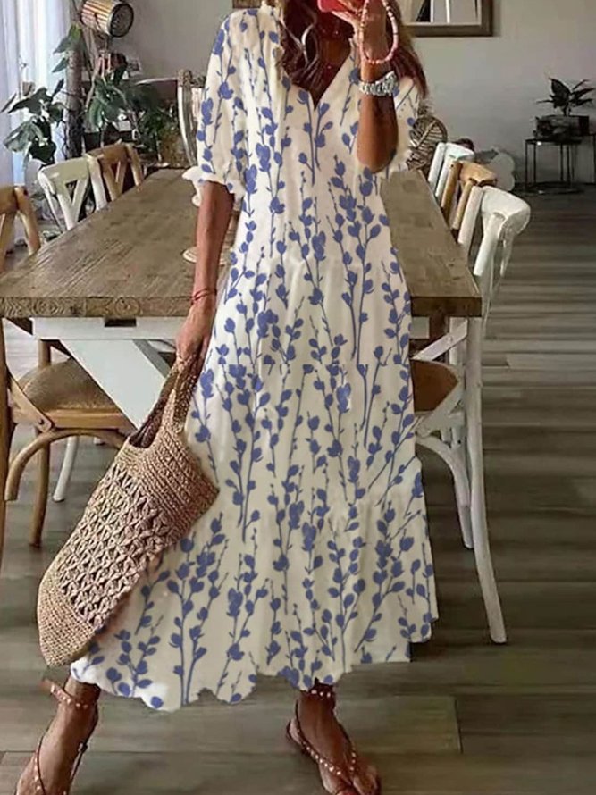 V Neck Loose Blue Floral Casual Dress