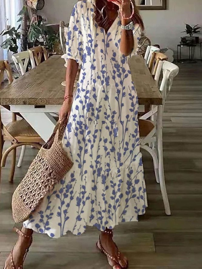 V Neck Loose Blue Floral Casual Dress