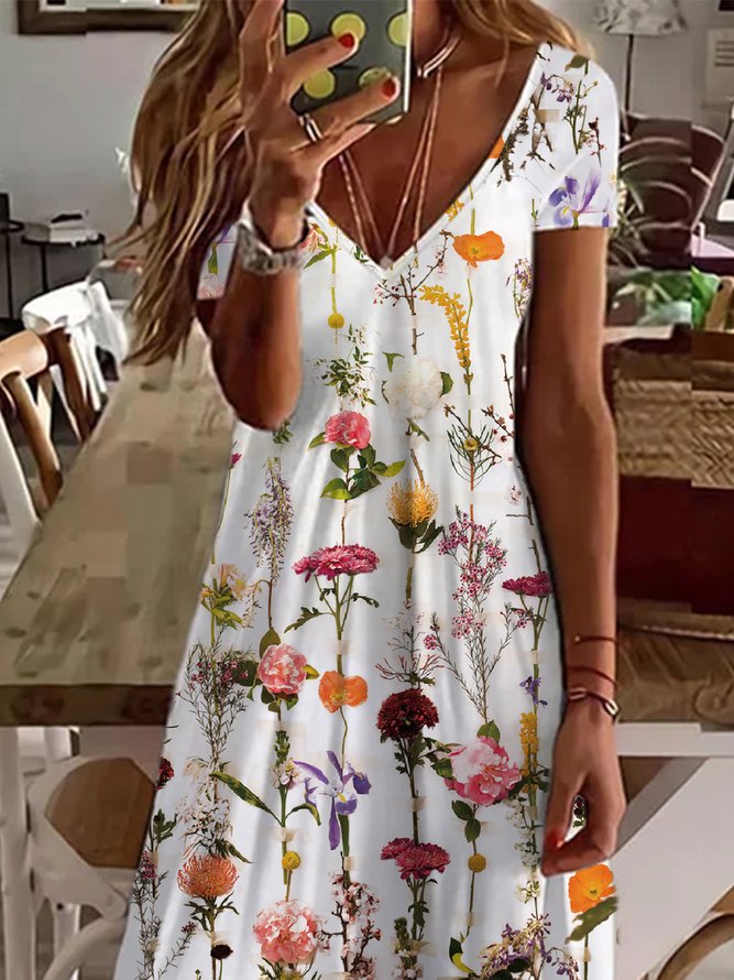 V Neck Floral Jersey Casual Dress