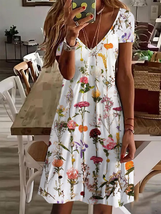 V Neck Floral Jersey Casual Dress