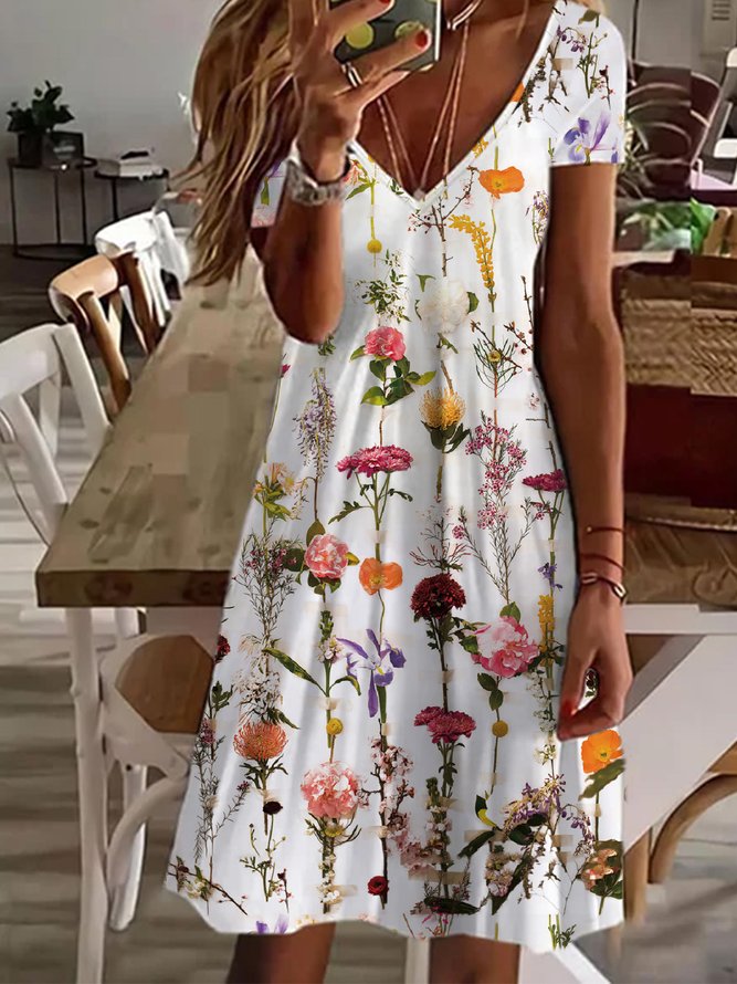 V Neck Floral Jersey Casual Dress