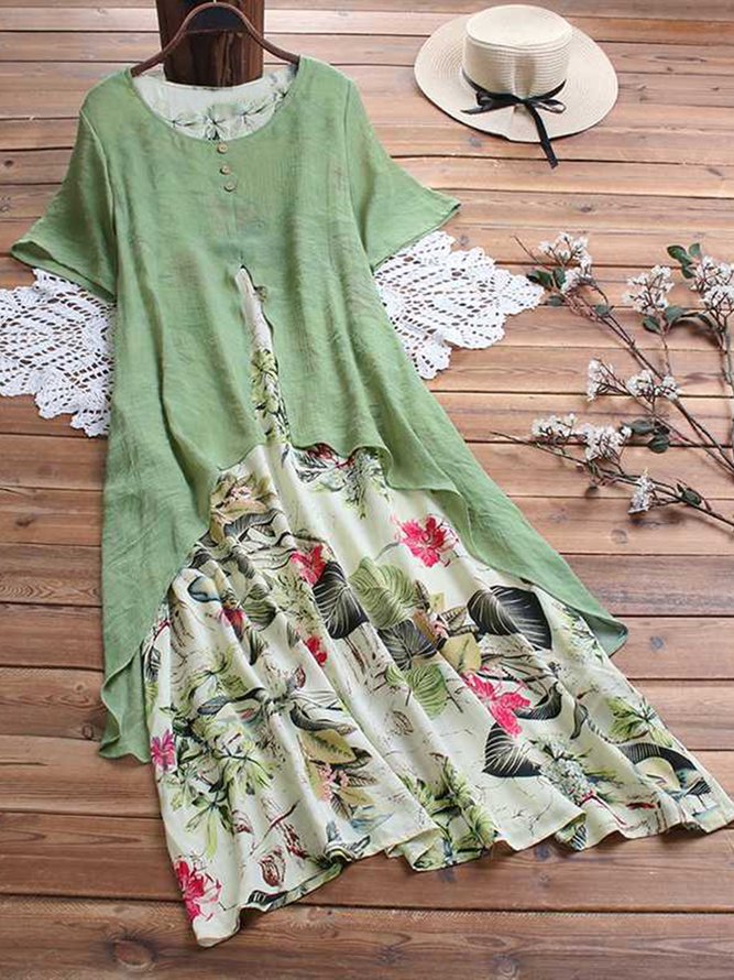 Plus Size Crew Neck Linen Loose Dress Suit