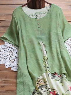 Plus Size Crew Neck Linen Loose Dress Suit