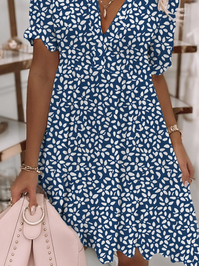 Casual Floral V Neck Dress