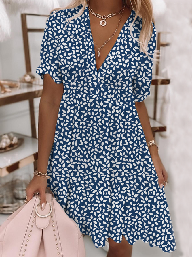 Casual Floral V Neck Dress