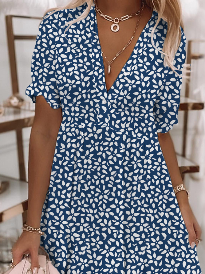 Casual Floral V Neck Dress