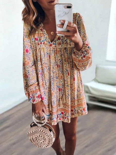 Plus Size Bohemian long-sleeved dress
