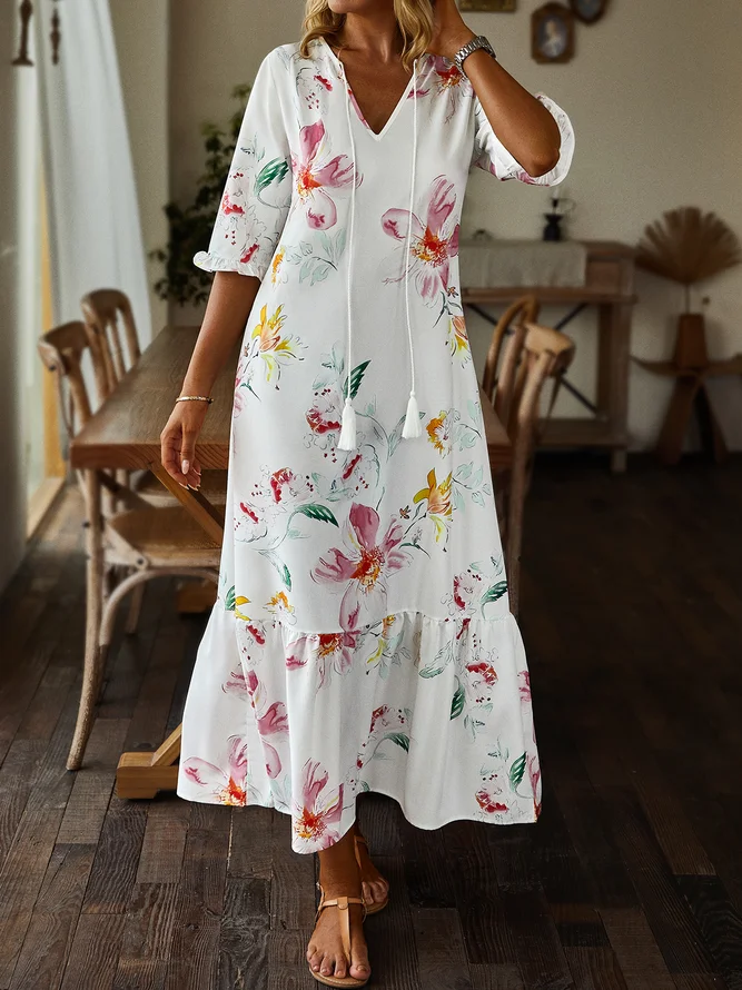 Plus Size Casual Floral V Neck Short Sleeve Woven Dress