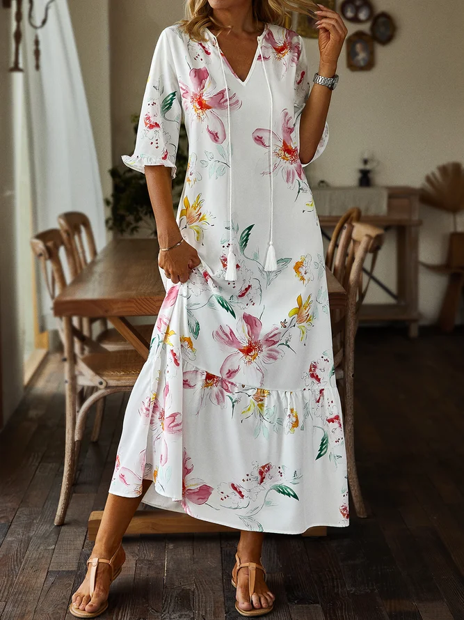 Plus Size Casual Floral V Neck Short Sleeve Woven Dress